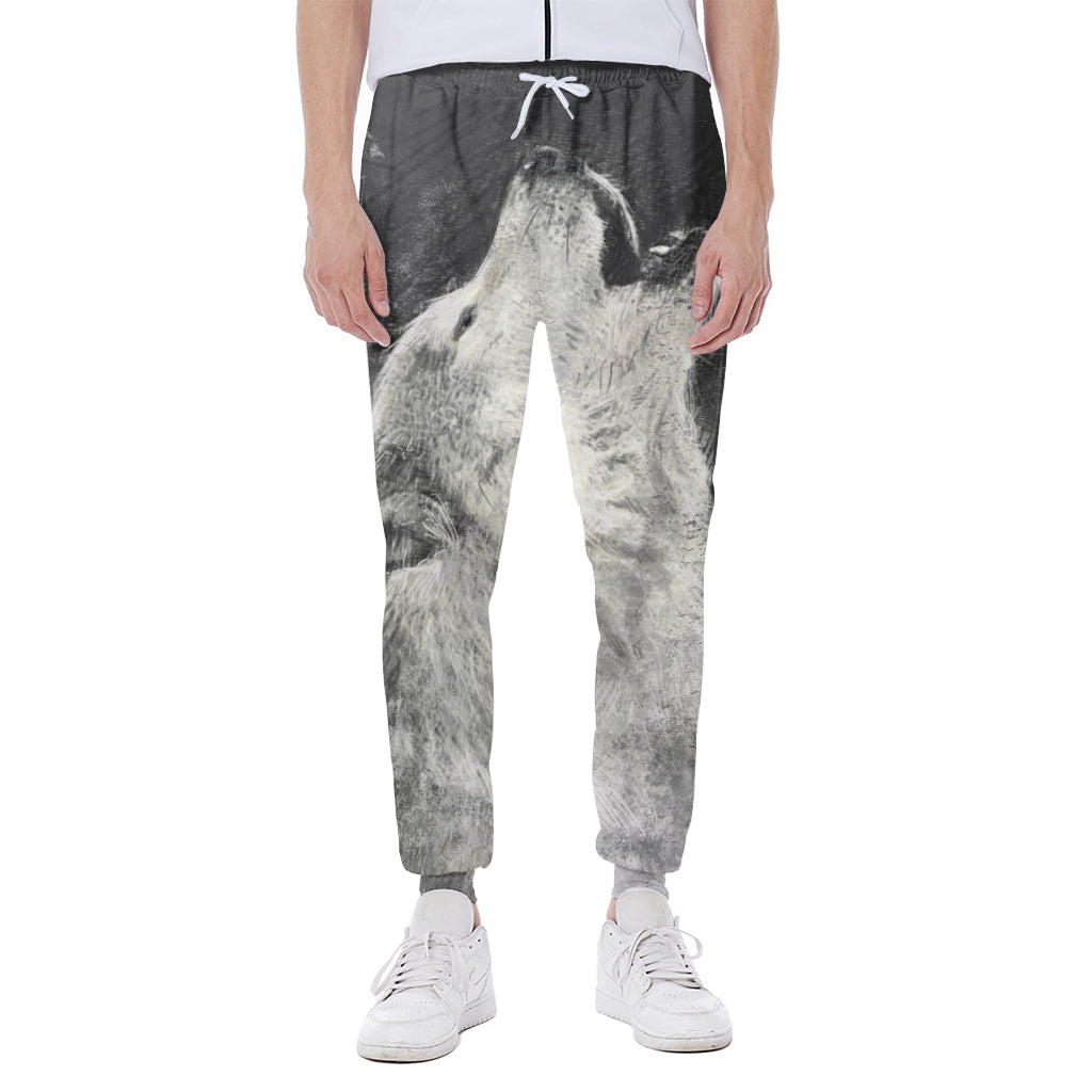 Monochrome Howling Wolf Print Scuba Joggers