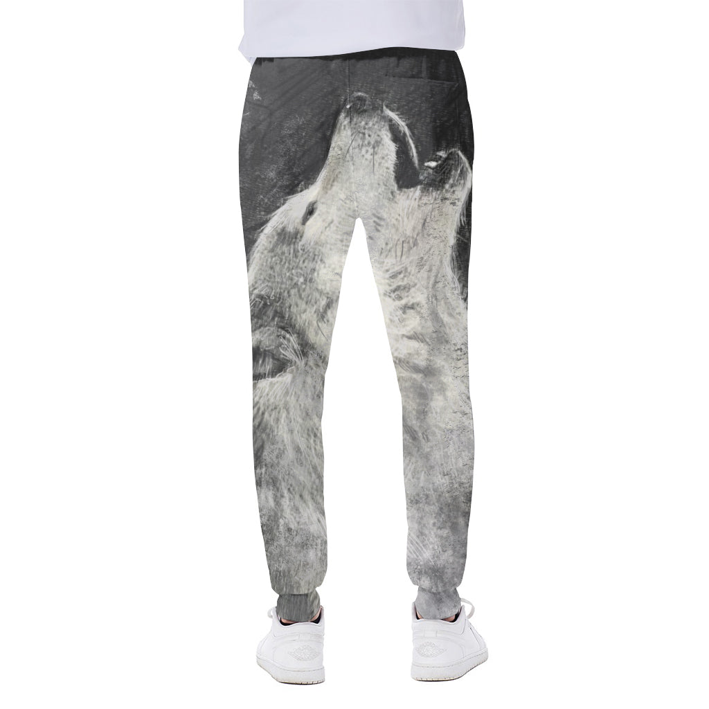 Monochrome Howling Wolf Print Scuba Joggers