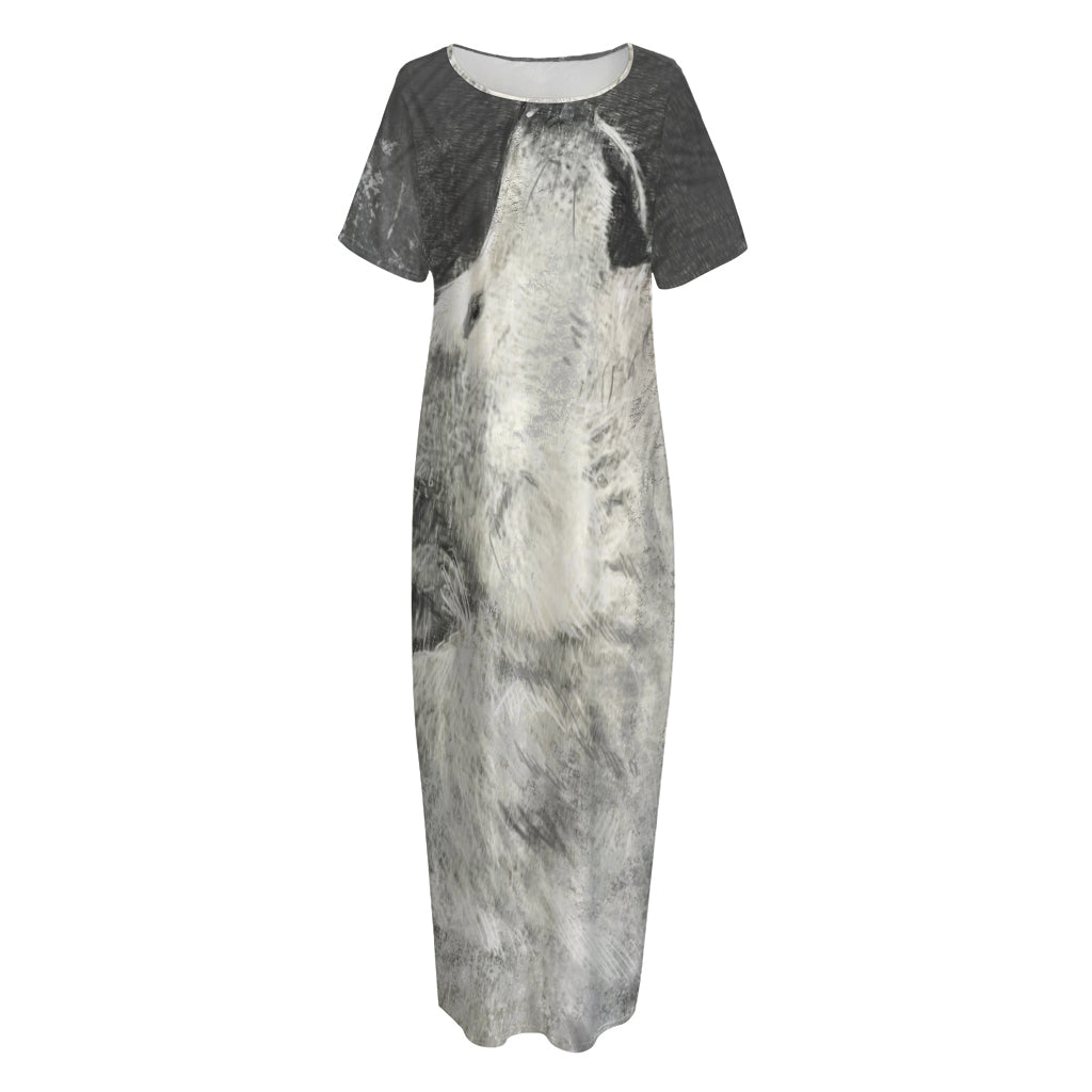 Monochrome Howling Wolf Print Short Sleeve Long Nightdress