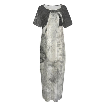 Monochrome Howling Wolf Print Short Sleeve Long Nightdress