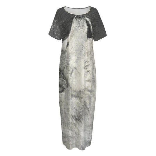 Monochrome Howling Wolf Print Short Sleeve Long Nightdress