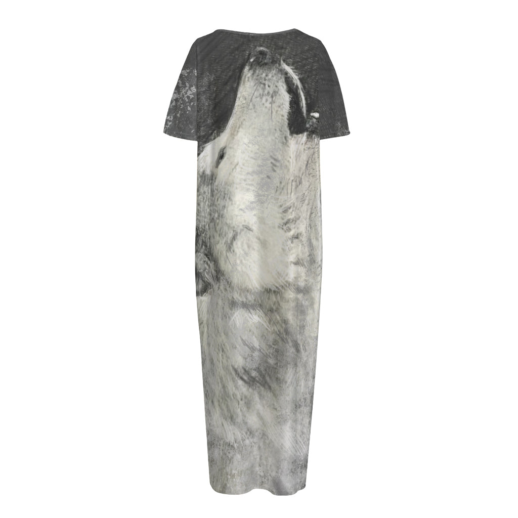 Monochrome Howling Wolf Print Short Sleeve Long Nightdress