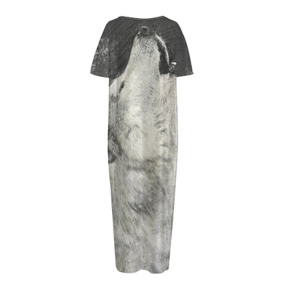 Monochrome Howling Wolf Print Short Sleeve Long Nightdress