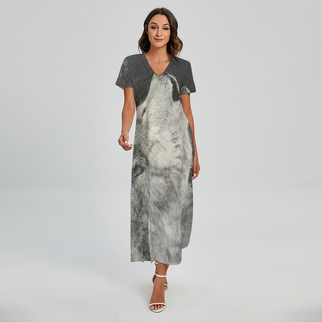 Monochrome Howling Wolf Print Short Sleeve Maxi Dress