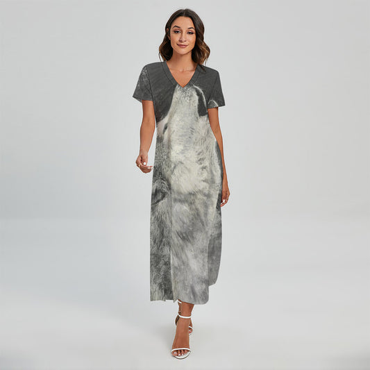 Monochrome Howling Wolf Print Short Sleeve Maxi Dress