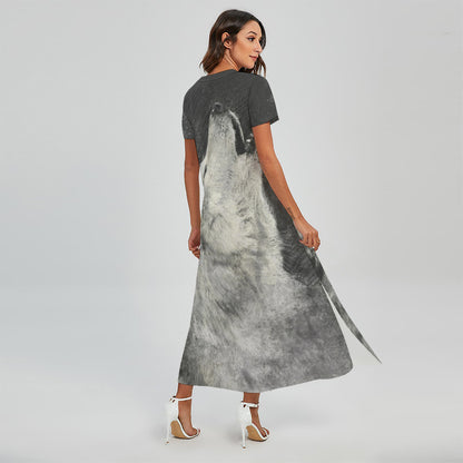 Monochrome Howling Wolf Print Short Sleeve Maxi Dress