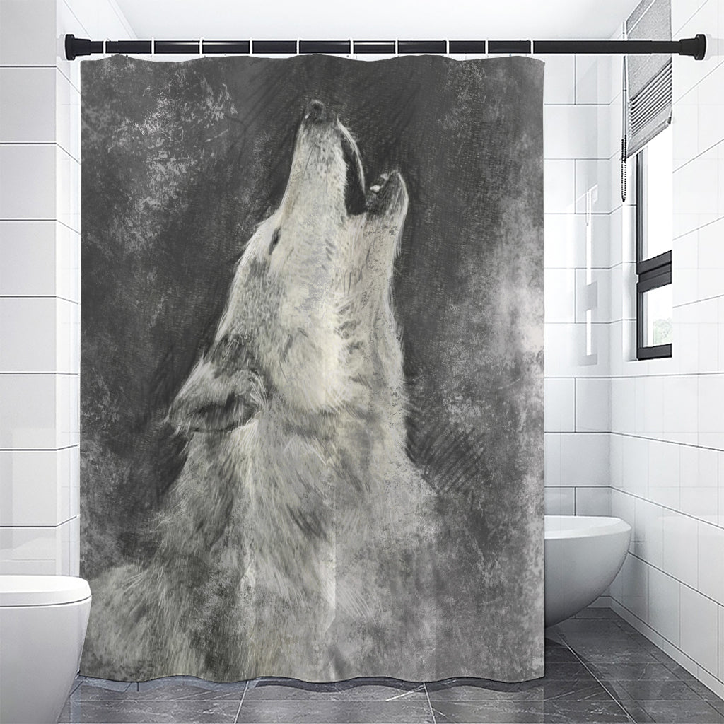 Monochrome Howling Wolf Print Shower Curtain