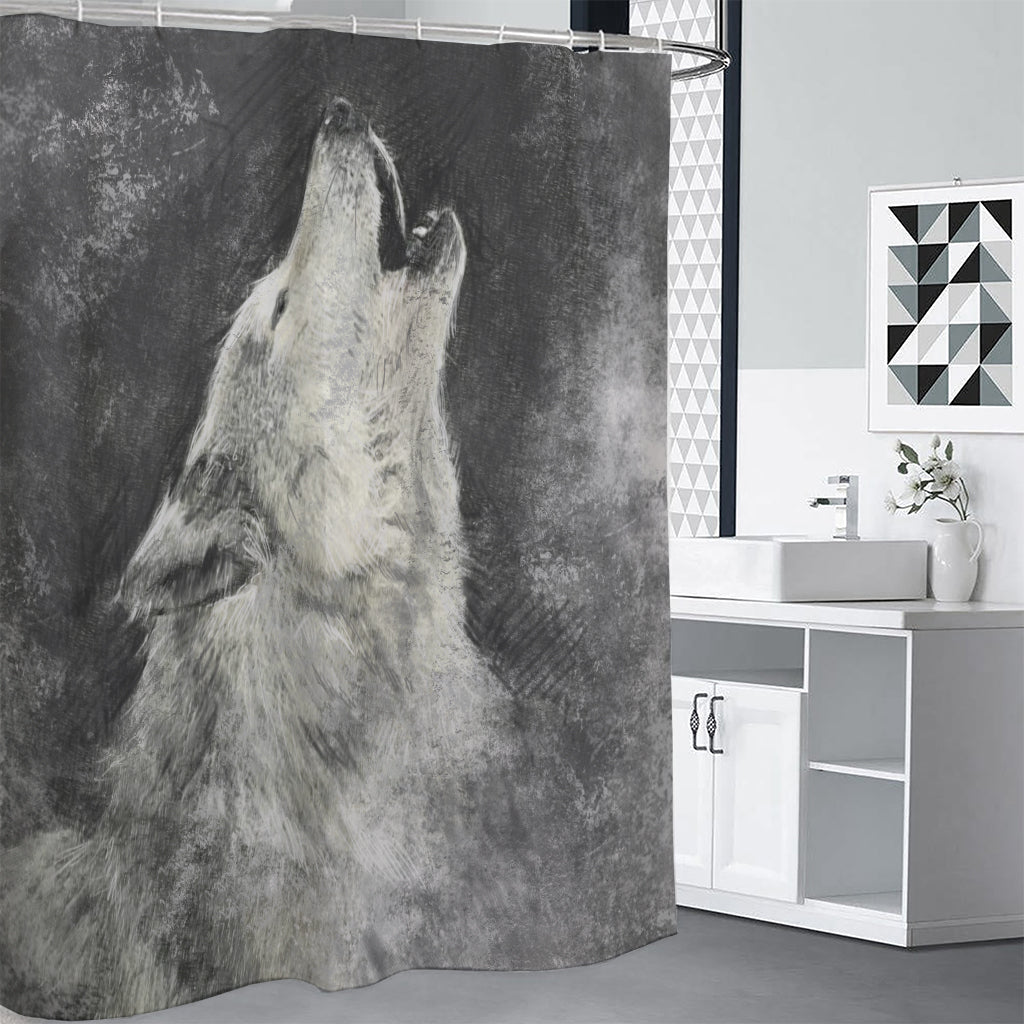 Monochrome Howling Wolf Print Shower Curtain