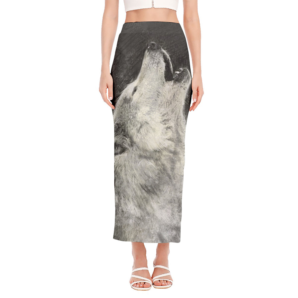 Monochrome Howling Wolf Print Side Slit Maxi Skirt