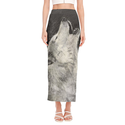 Monochrome Howling Wolf Print Side Slit Maxi Skirt