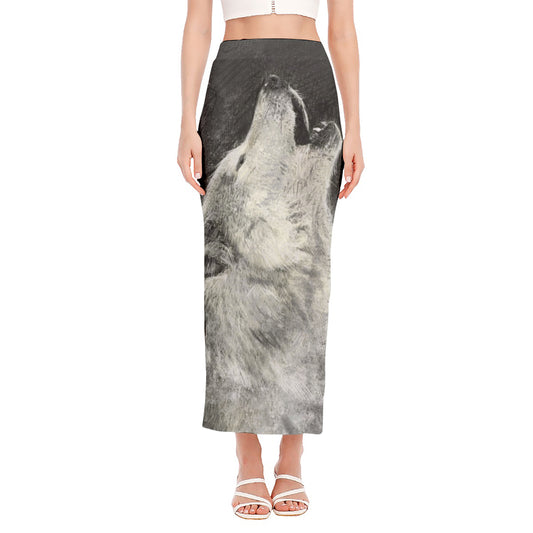Monochrome Howling Wolf Print Side Slit Maxi Skirt