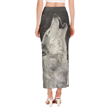 Monochrome Howling Wolf Print Side Slit Maxi Skirt