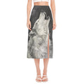 Monochrome Howling Wolf Print Side Slit Midi Skirt