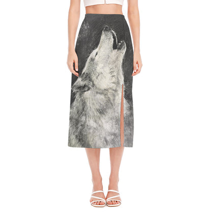 Monochrome Howling Wolf Print Side Slit Midi Skirt