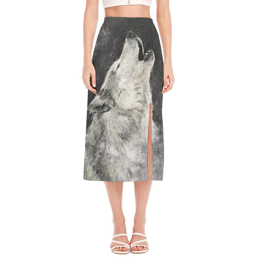 Monochrome Howling Wolf Print Side Slit Midi Skirt