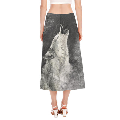 Monochrome Howling Wolf Print Side Slit Midi Skirt