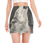Monochrome Howling Wolf Print Side Slit Mini Skirt