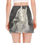 Monochrome Howling Wolf Print Side Slit Mini Skirt