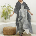 Monochrome Howling Wolf Print Silk V-Neck Kaftan Dress