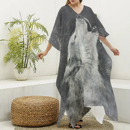 Monochrome Howling Wolf Print Silk V-Neck Kaftan Dress