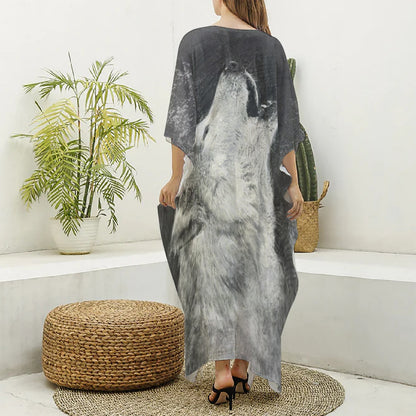 Monochrome Howling Wolf Print Silk V-Neck Kaftan Dress