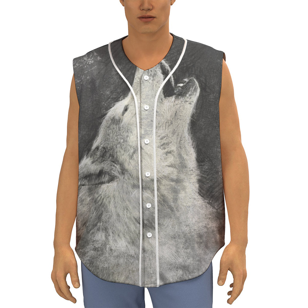 Monochrome Howling Wolf Print Sleeveless Baseball Jersey