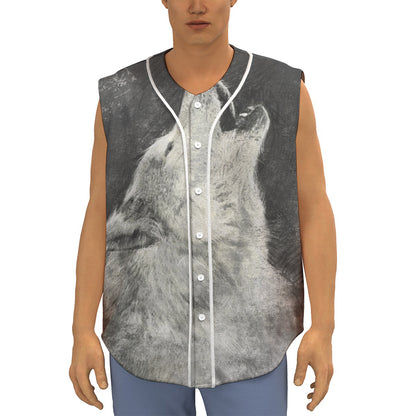 Monochrome Howling Wolf Print Sleeveless Baseball Jersey