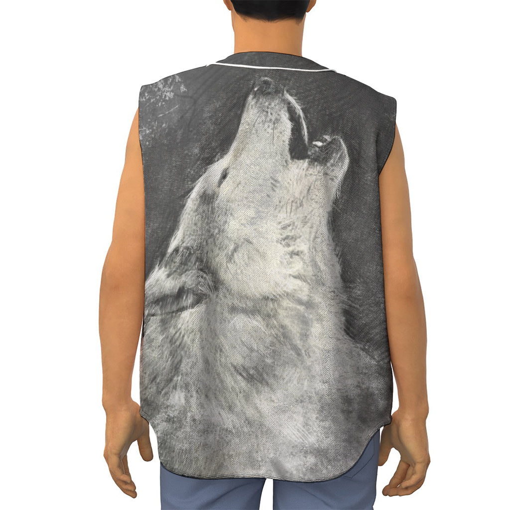Monochrome Howling Wolf Print Sleeveless Baseball Jersey