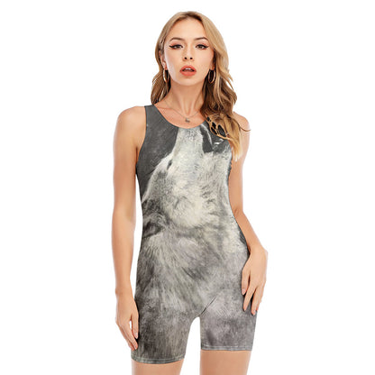 Monochrome Howling Wolf Print Sleeveless One Piece Swimsuit