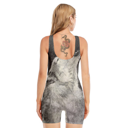 Monochrome Howling Wolf Print Sleeveless One Piece Swimsuit