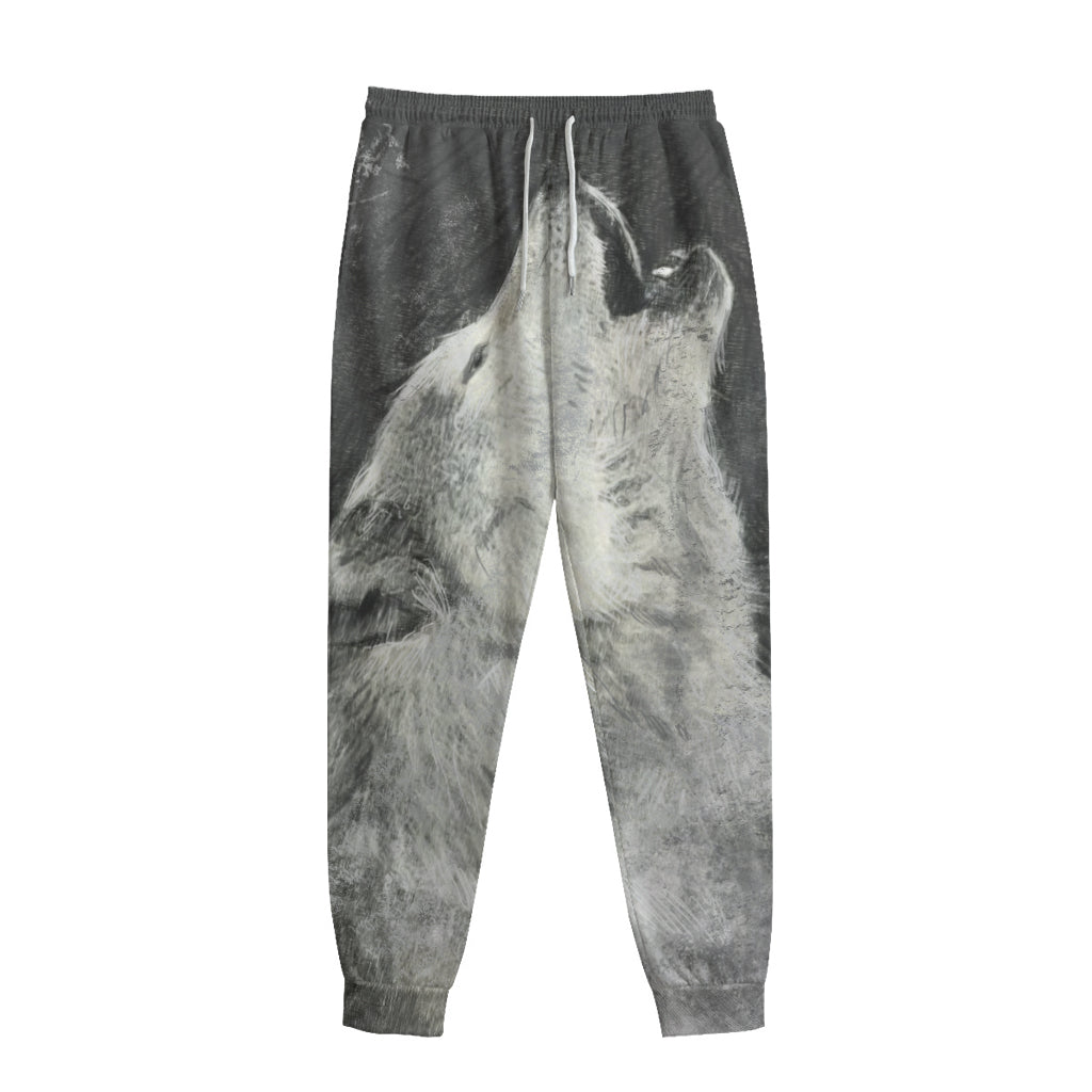 Monochrome Howling Wolf Print Sweatpants