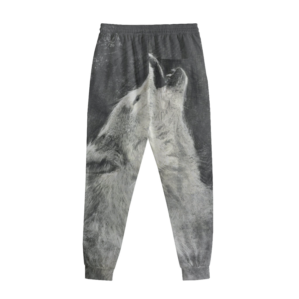Monochrome Howling Wolf Print Sweatpants