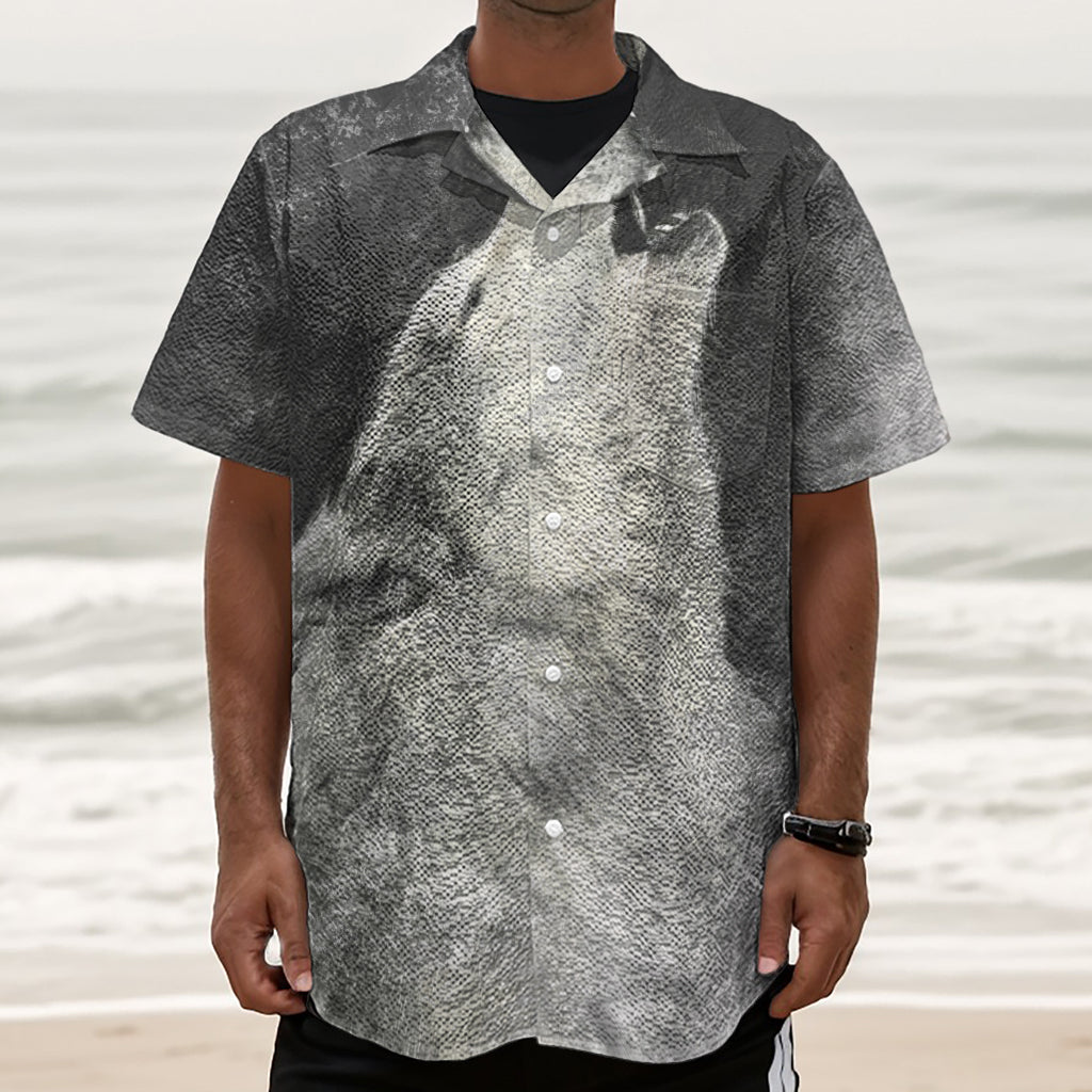 Monochrome Howling Wolf Print Textured Short Sleeve Shirt
