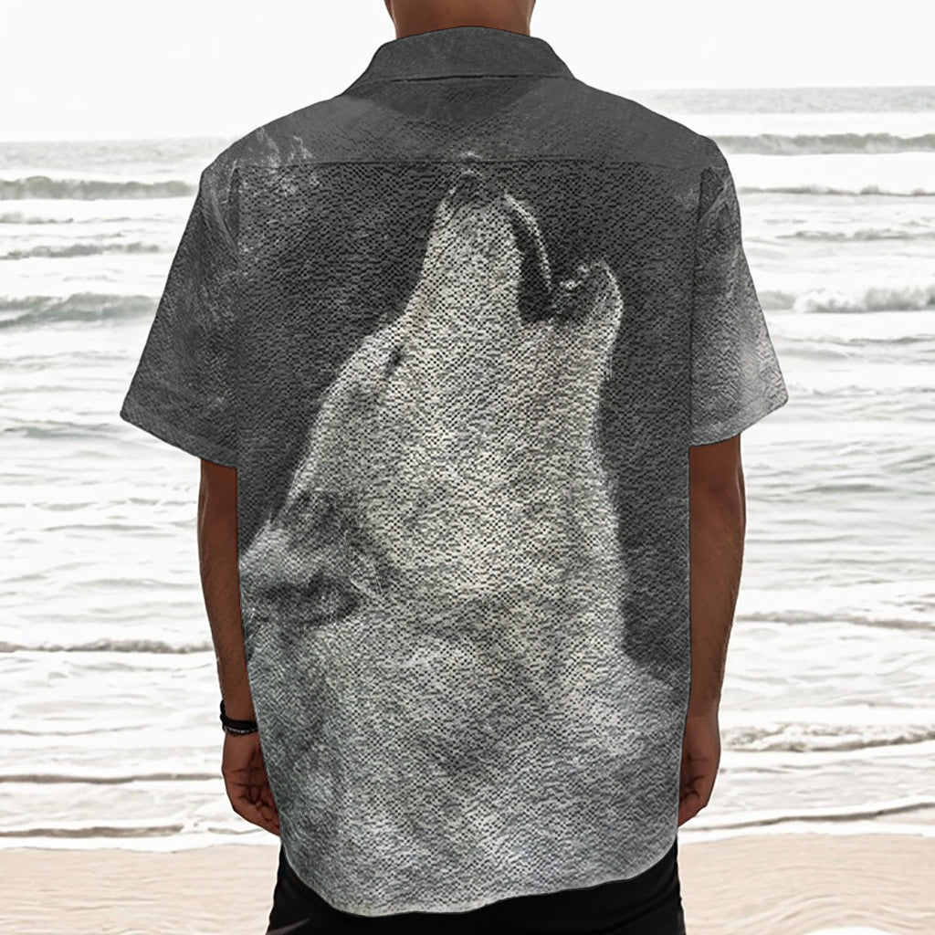 Monochrome Howling Wolf Print Textured Short Sleeve Shirt