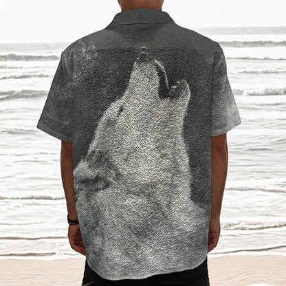 Monochrome Howling Wolf Print Textured Short Sleeve Shirt