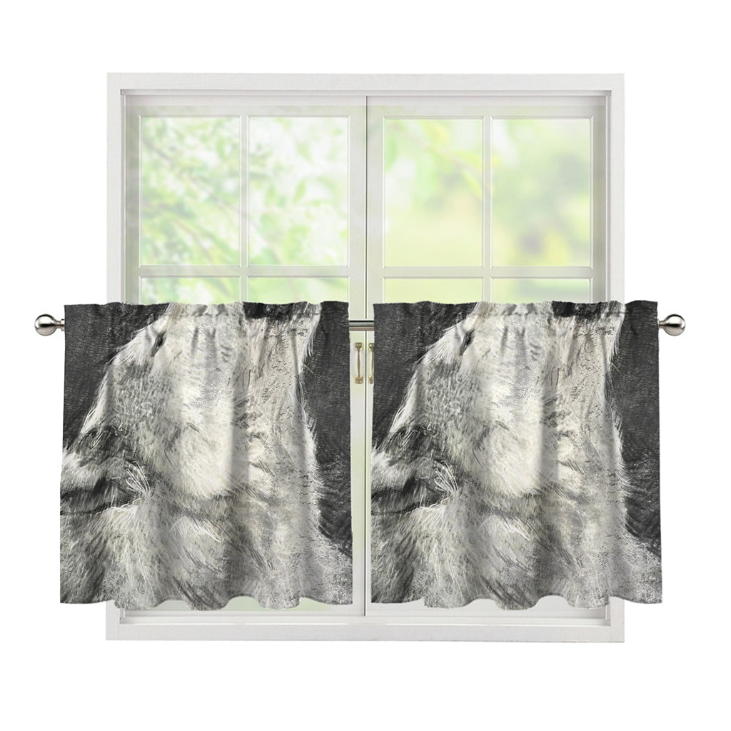 Monochrome Howling Wolf Print Tier Curtains