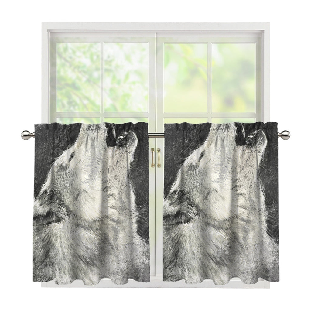 Monochrome Howling Wolf Print Tier Curtains