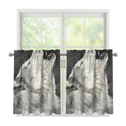 Monochrome Howling Wolf Print Tier Curtains