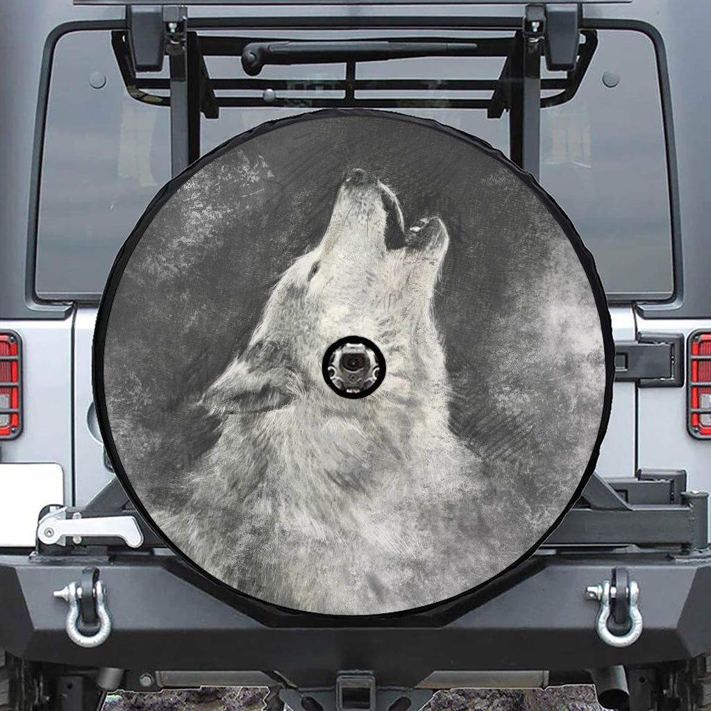 Monochrome Howling Wolf Print Tire Cover With Camera Hole