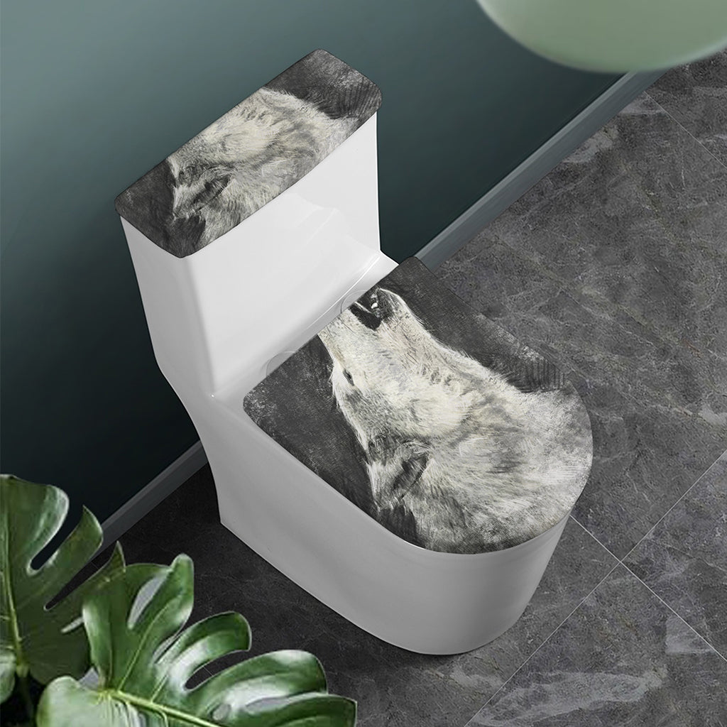 Monochrome Howling Wolf Print Toilet Lid And Tank Cover Set