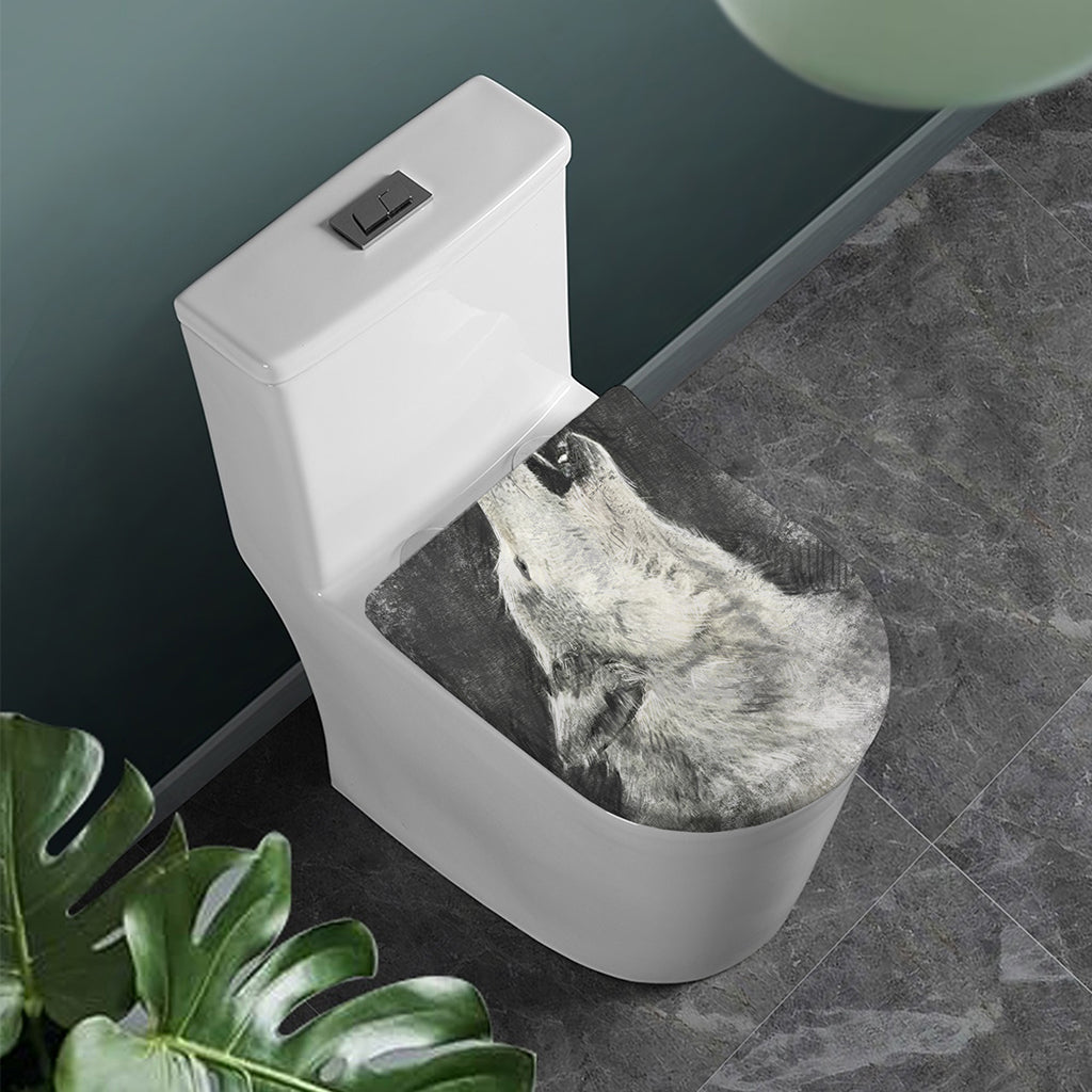 Monochrome Howling Wolf Print Toilet Lid Cover