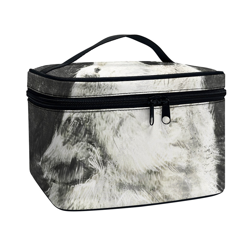 Monochrome Howling Wolf Print Travel Makeup Bag