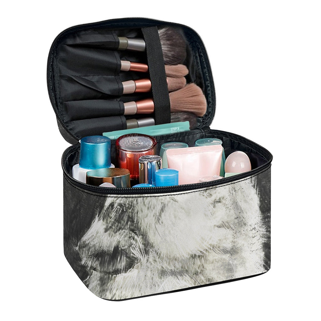 Monochrome Howling Wolf Print Travel Makeup Bag