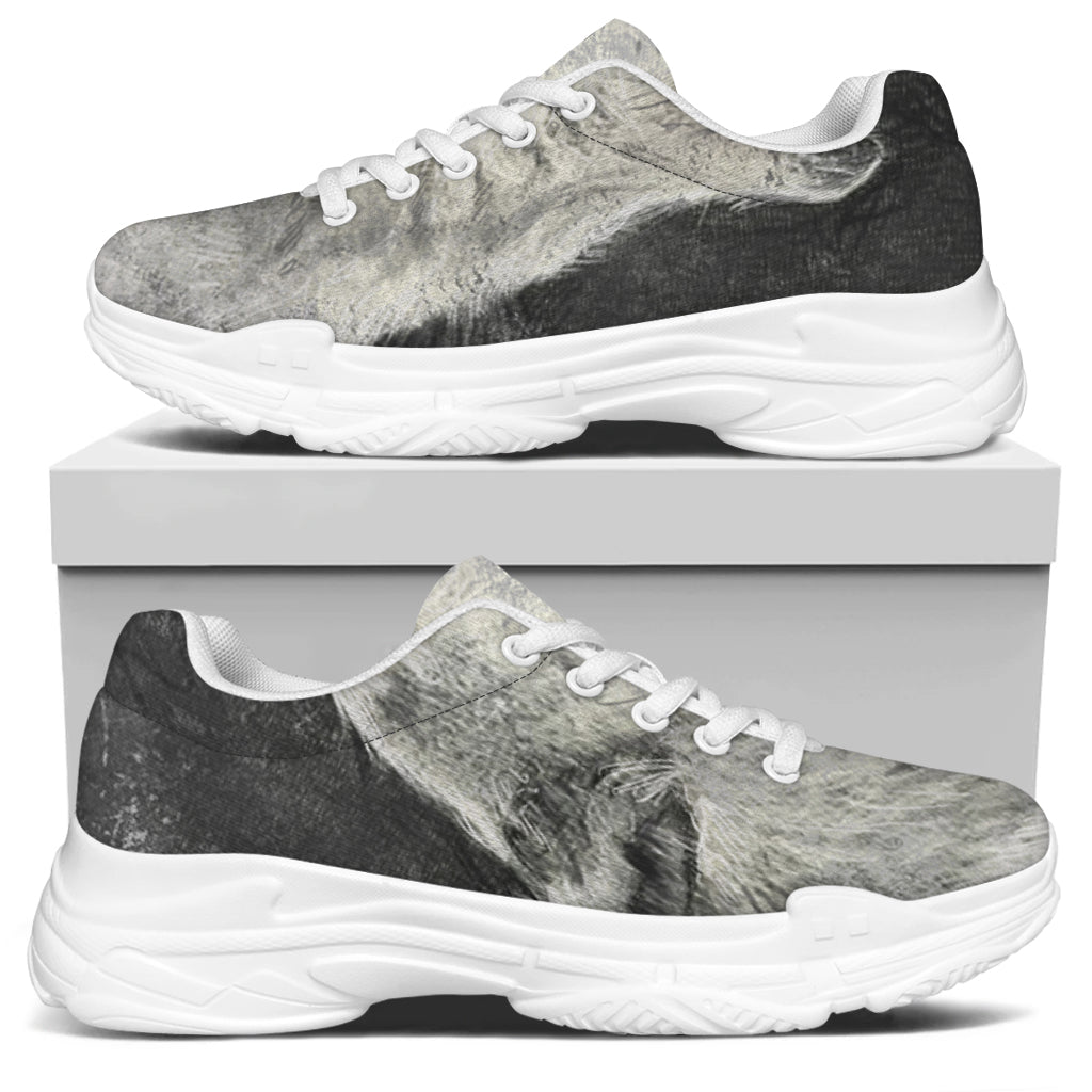 Monochrome Howling Wolf Print White Chunky Shoes