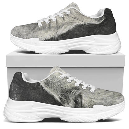 Monochrome Howling Wolf Print White Chunky Shoes
