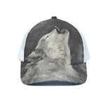 Monochrome Howling Wolf Print White Mesh Trucker Cap
