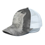 Monochrome Howling Wolf Print White Mesh Trucker Cap