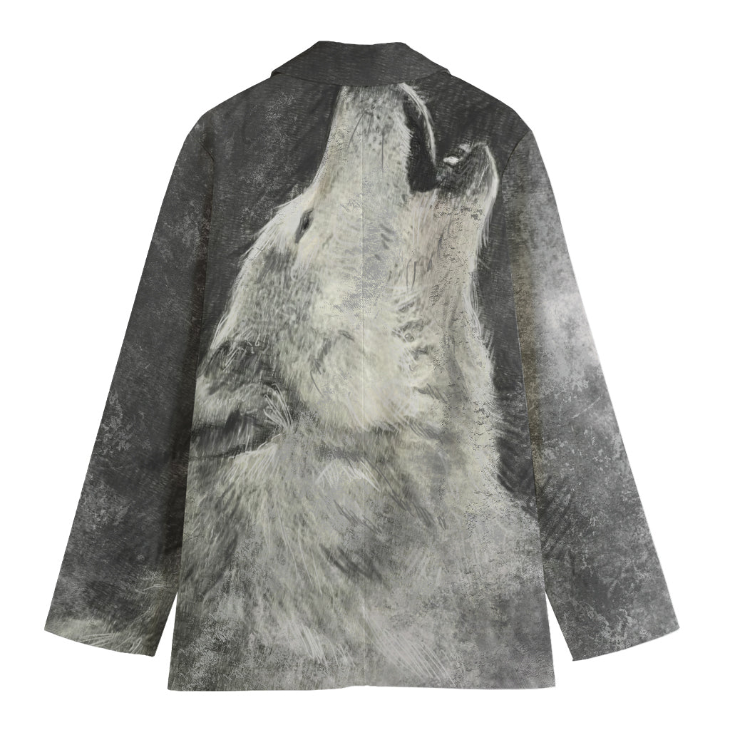 Monochrome Howling Wolf Print Women's Blazer