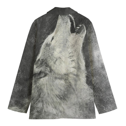 Monochrome Howling Wolf Print Women's Blazer