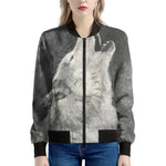 Monochrome Howling Wolf Print Women's Bomber Jacket